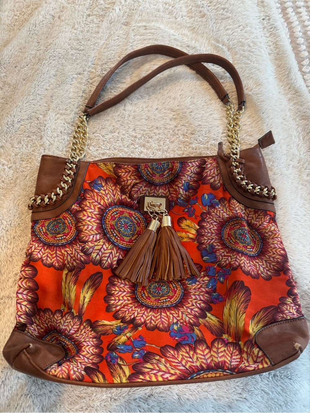 Call It Spring Orange Floral Shoulder Tote with Brown Trim and Tassel